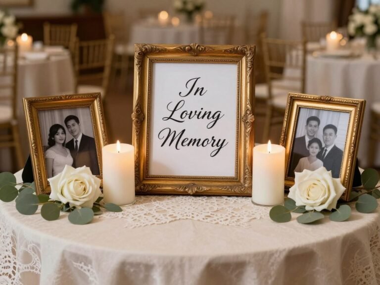 Elegant memorial table with framed photos and white candles at wedding reception
