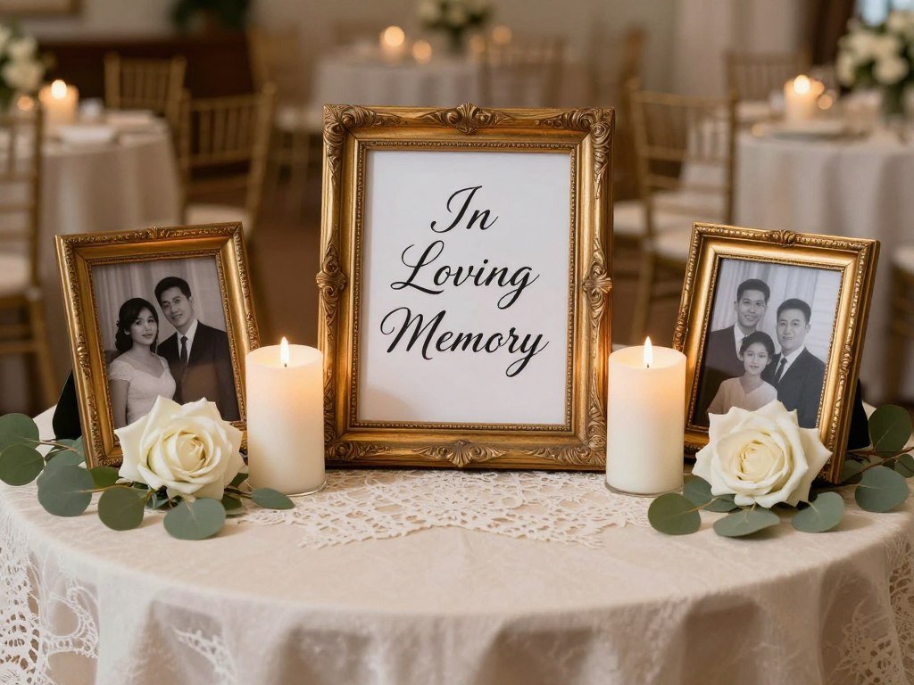 Elegant memorial table with framed photos and white candles at wedding reception