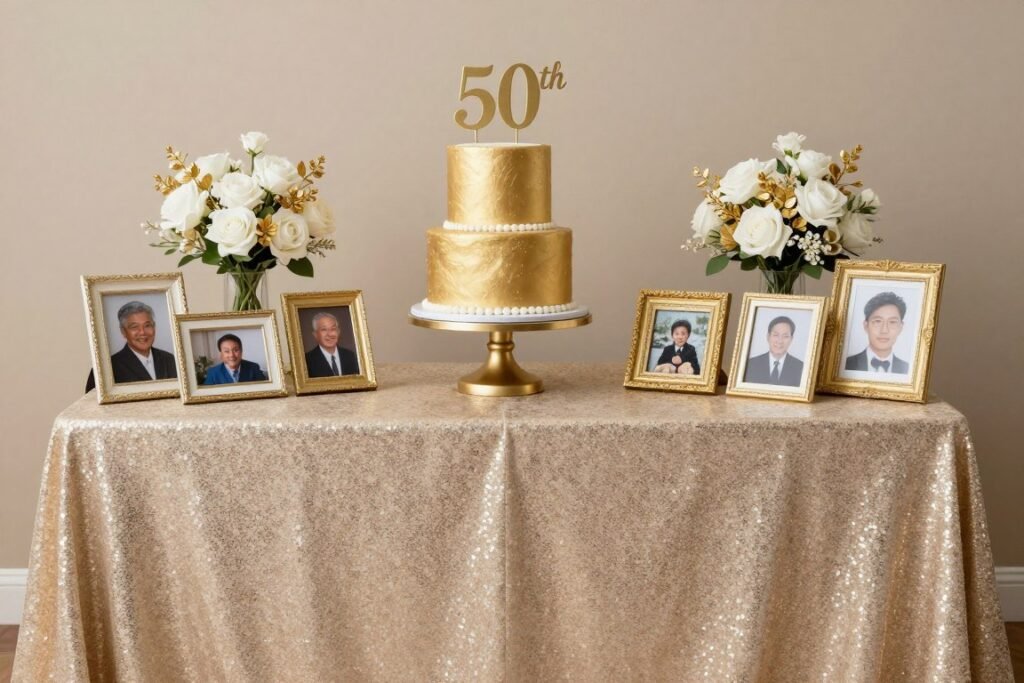 Elegant milestone birthday cake table with metallic accents, photos, and personalized elements