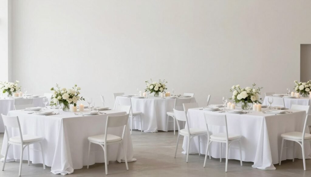 Elegant minimalist wedding reception with multiple tables featuring simple, coordinated decor