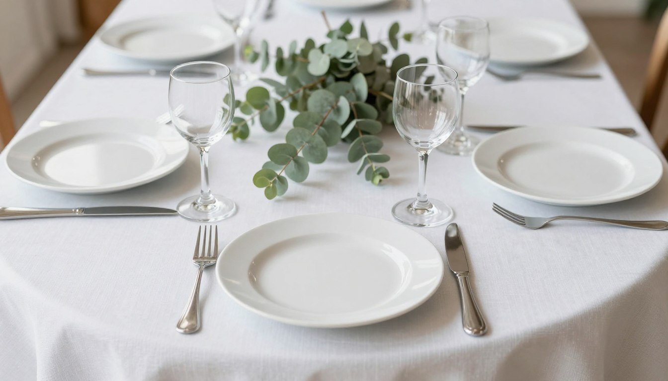 Elegant minimalist wedding table setting with white linens, simple greenery, and clear glassware