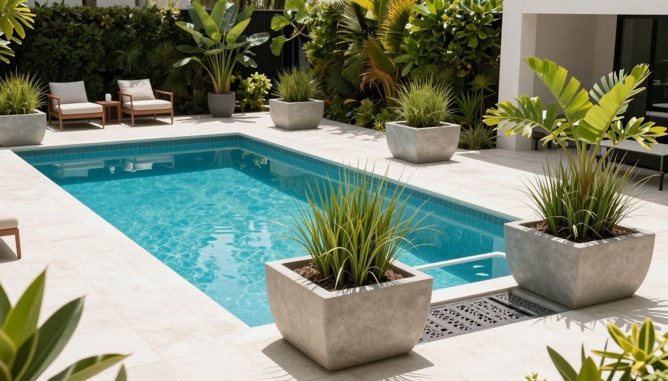 Elegant modern pool surrounded by large contemporary planters with tropical plants