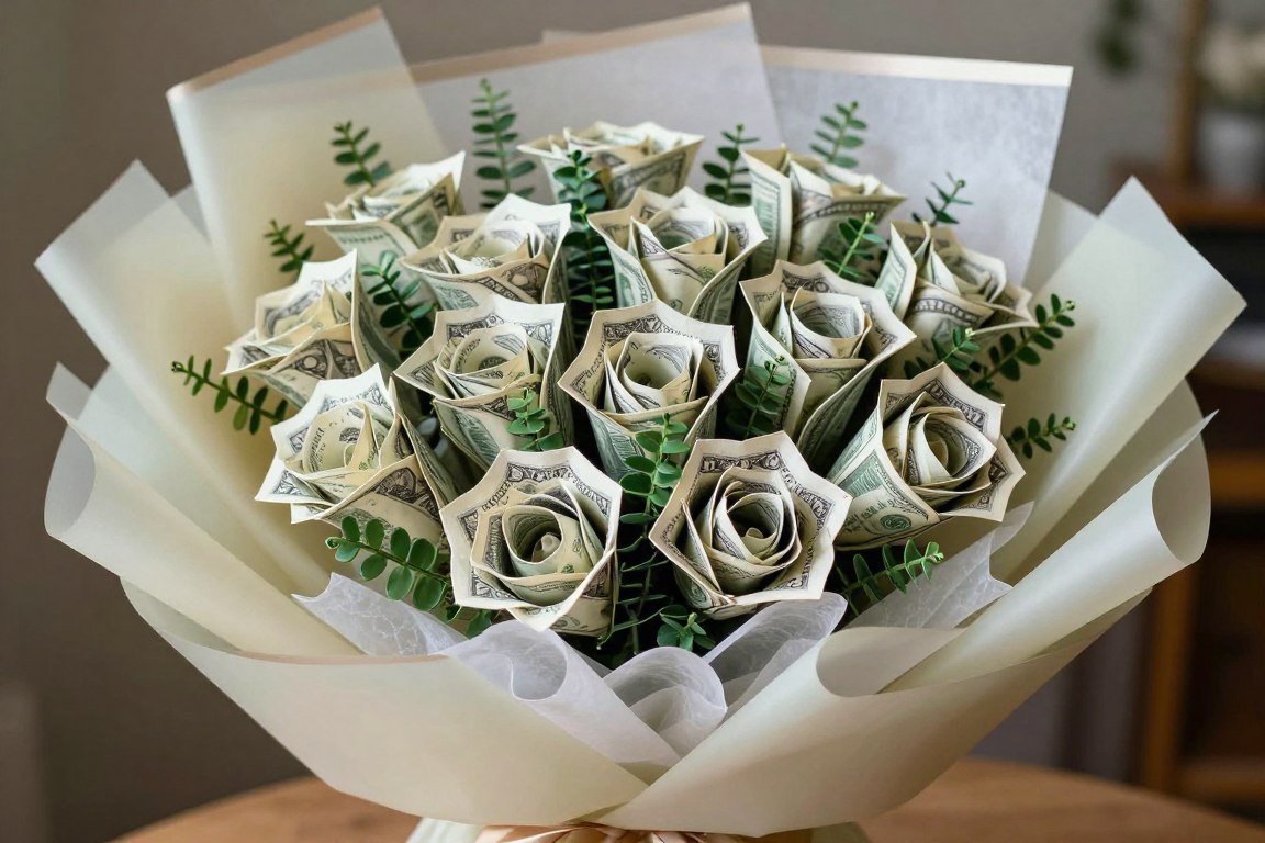 Elegant money bouquet ideas with folded dollar bills arranged as roses