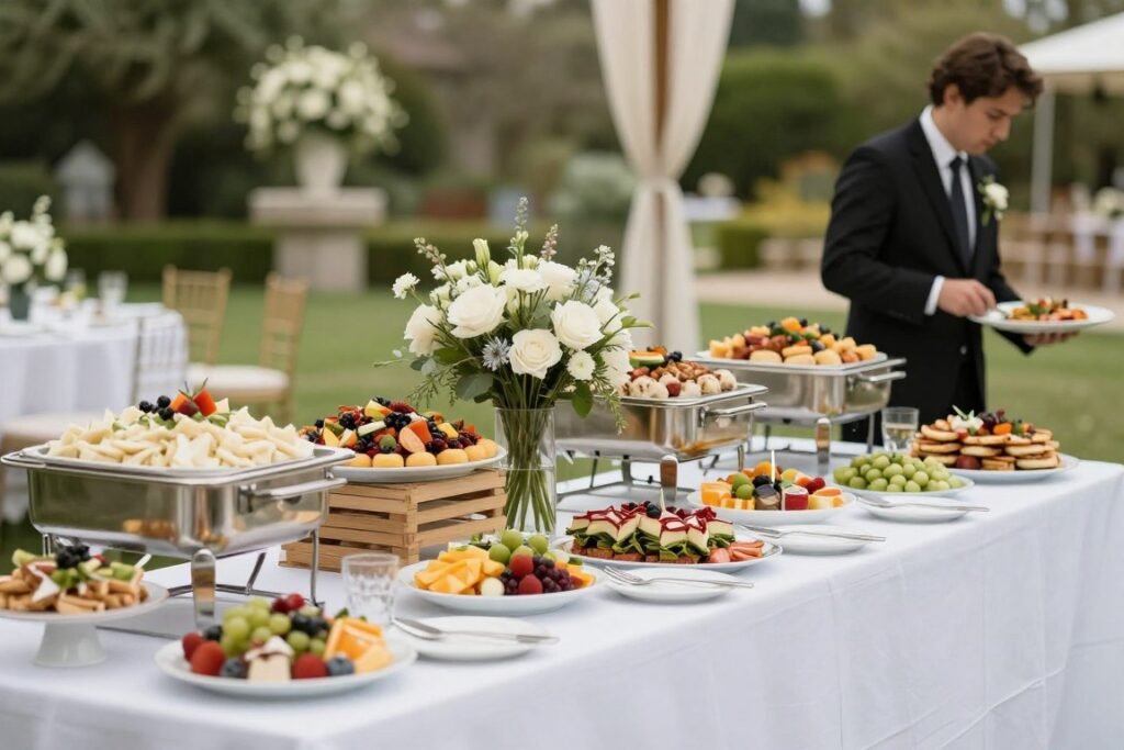 Elegant outdoor wedding reception buffet table with garden backdrop