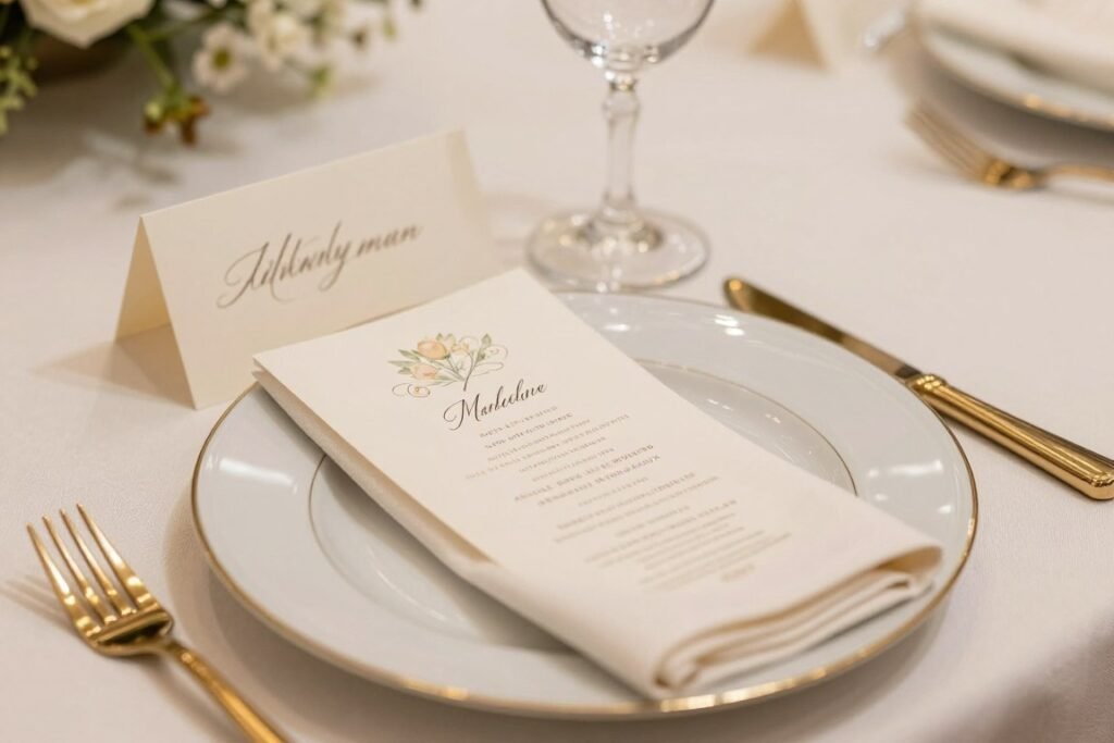 Elegant place card and menu on round wedding table setting