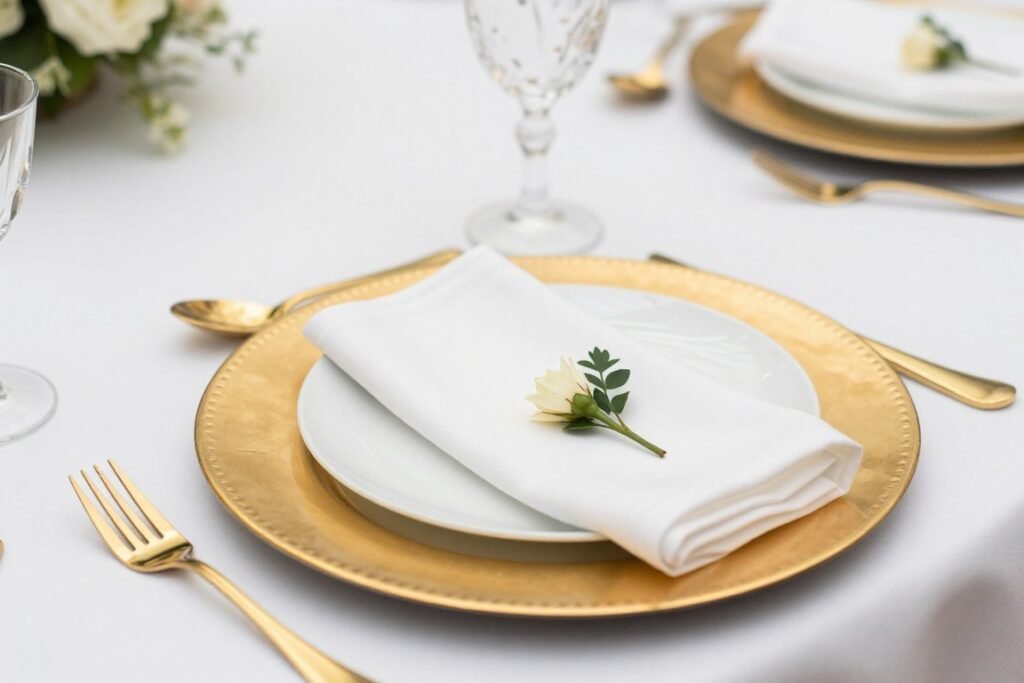 Elegant place setting on a round wedding table with charger plate, fine china, and crystal glassware