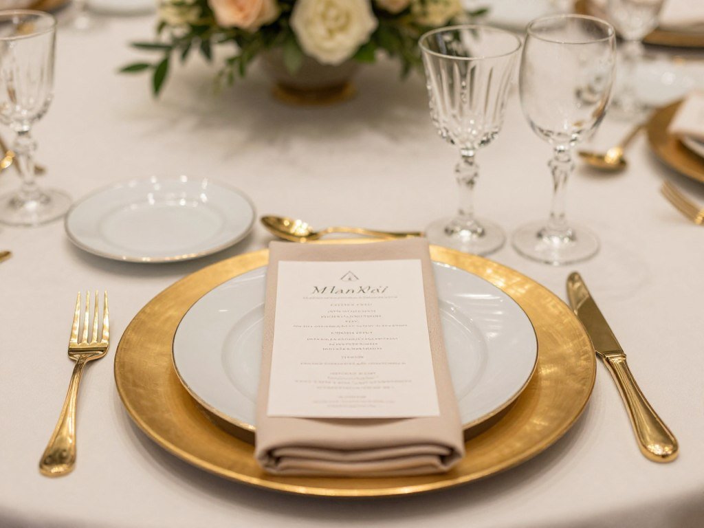 Elegant place setting with gold charger plate, fine china, and crystal glassware on round wedding table