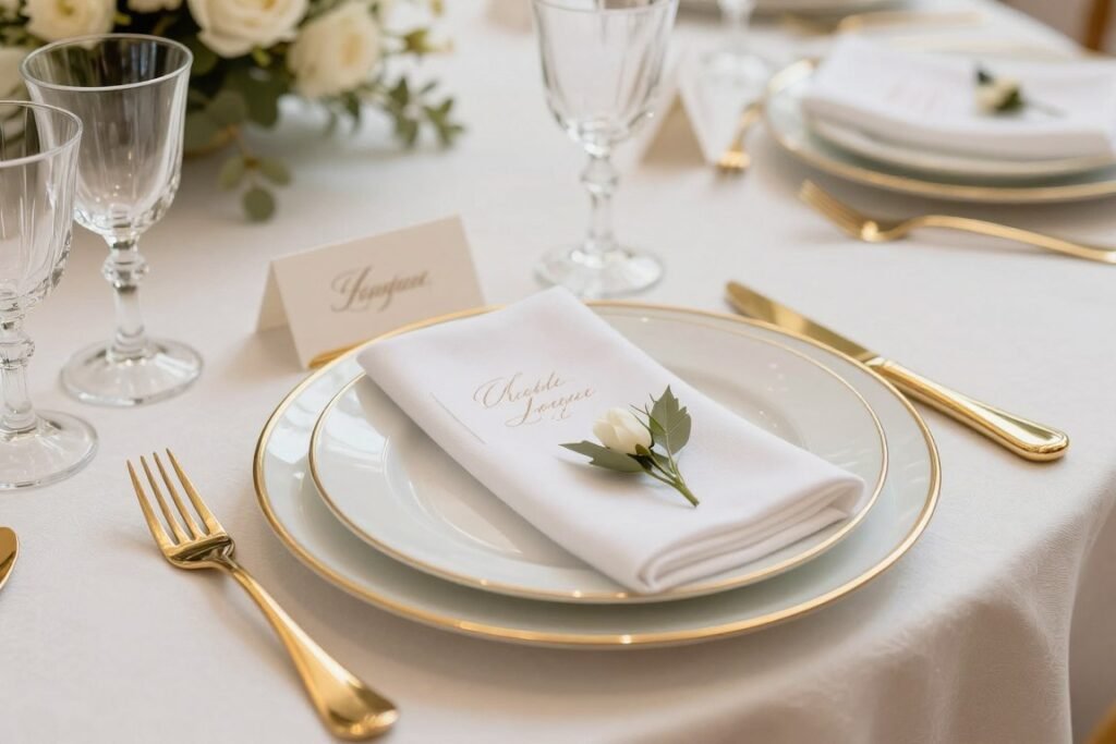 Elegant place setting with gold-rimmed china, crystal glassware, and gold flatware Elegant place setting with gold-rimmed china, crystal glassware, and gold flatware