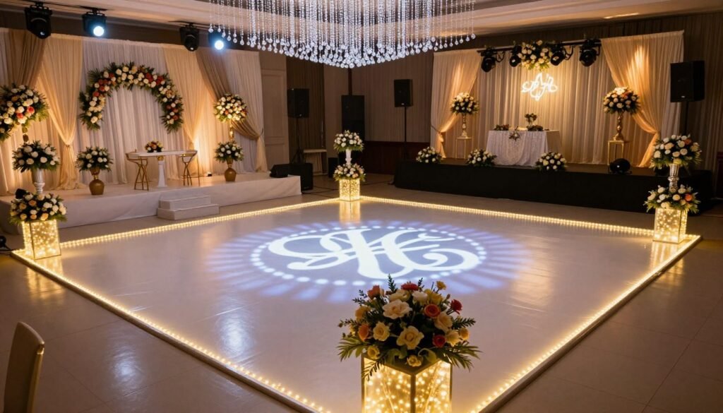 Elegant quinceañera dance floor with monogram projection, flower petal designs, and surrounding decorative elements creating a magical space for special dances Elegant quinceañera dance floor with monogram projection, flower petal designs, and surrounding decorative elements creating a magical space for special dances