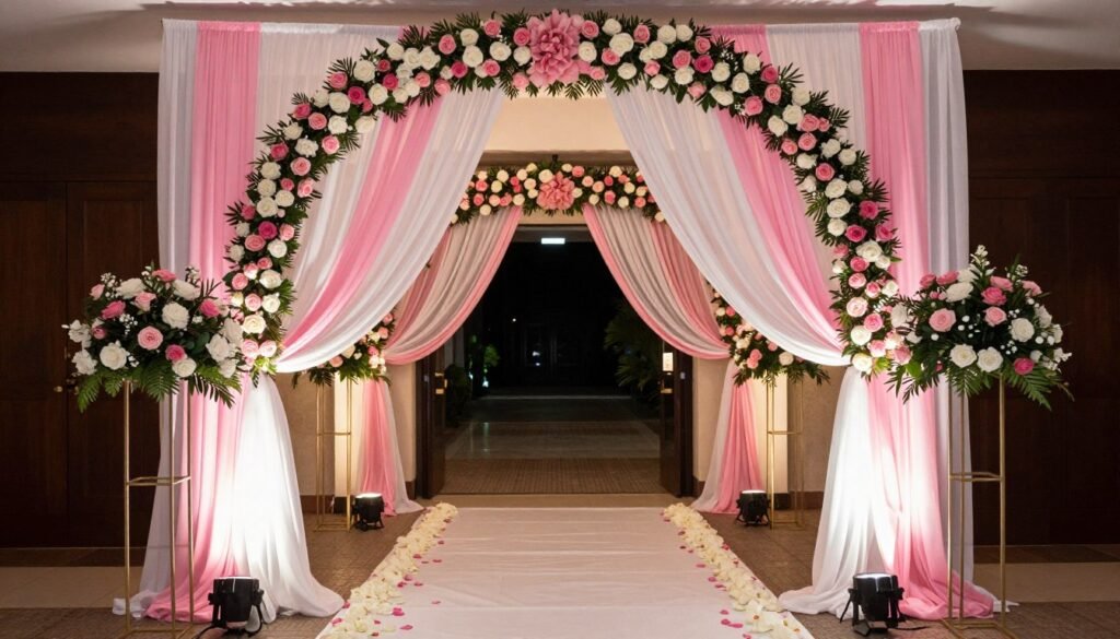 Elegant quinceañera entrance arch with floral decorations and fabric draping Elegant quinceañera entrance arch with floral decorations and fabric draping