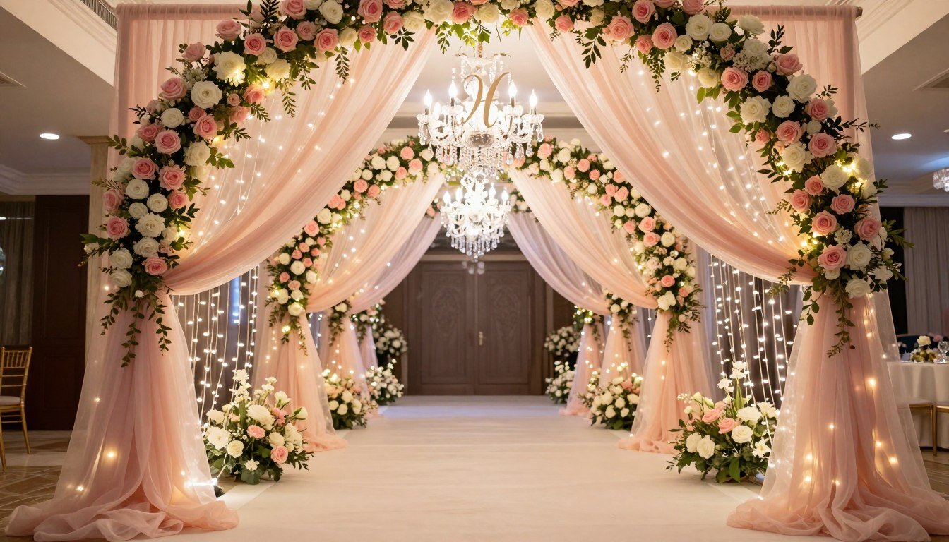 Elegant quinceañera entrance with floral arch, draped fabric, and twinkling lights creating a magical pathway for guests