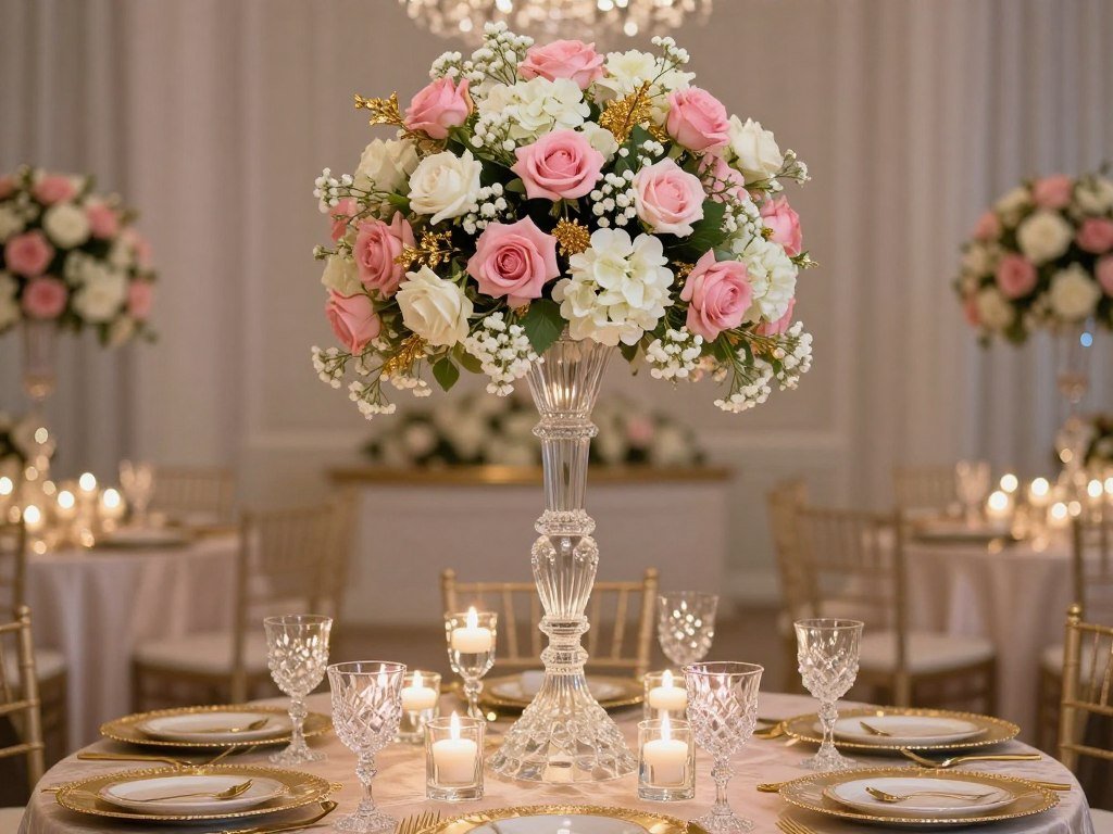 Elegant quinceañera table centerpiece with tall crystal candelabra, cascading flowers, and floating candles creating a luxurious tablescape Elegant quinceañera table centerpiece with tall crystal candelabra, cascading flowers, and floating candles creating a luxurious tablescape