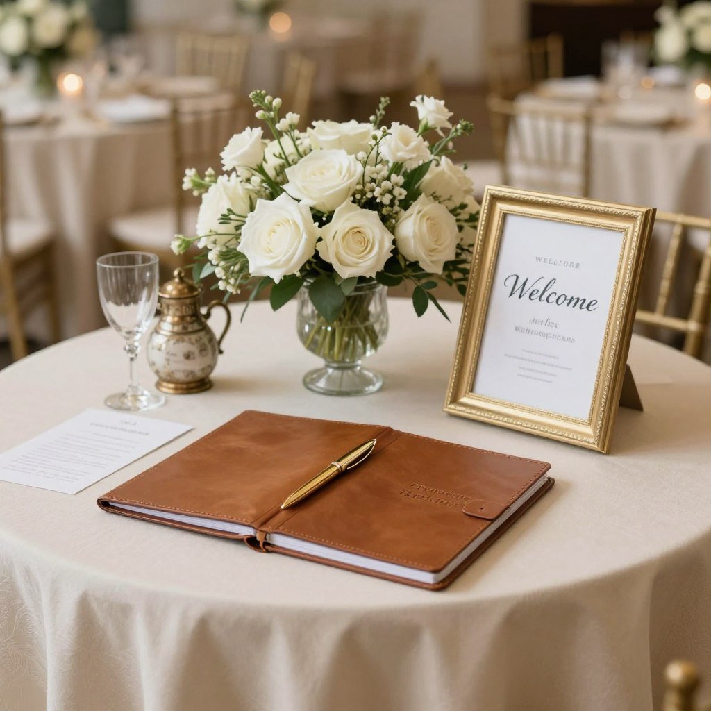Elegant reception entrance table with guest book and floral display
