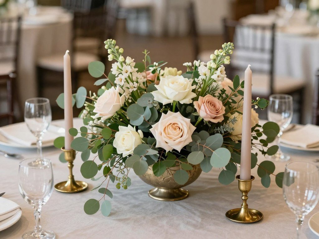 Elegant rehearsal dinner centerpiece with mixed flowers, candles and greenery in vintage container