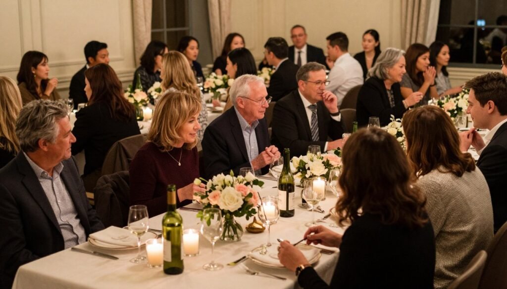 Elegant rehearsal dinner scene with guests enjoying beautifully decorated tables, warm lighting and festive atmosphere