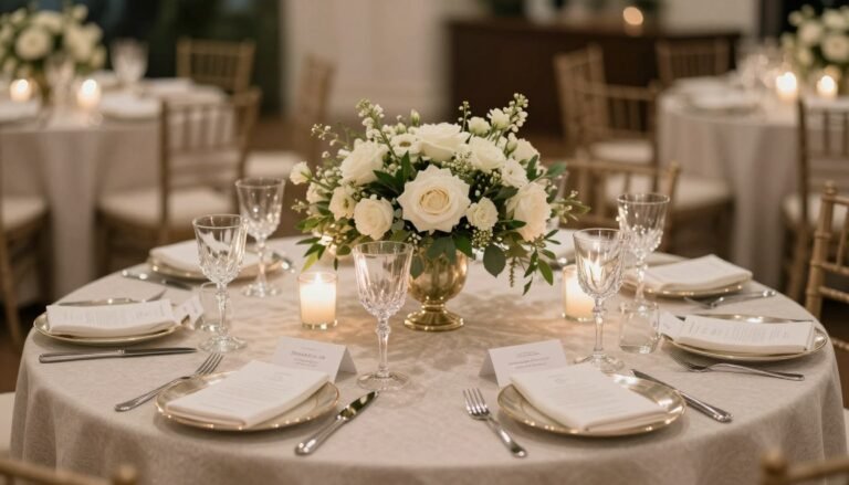 Elegant rehearsal dinner table setting with floral centerpieces, candles, and personalized place cards for wedding celebration
