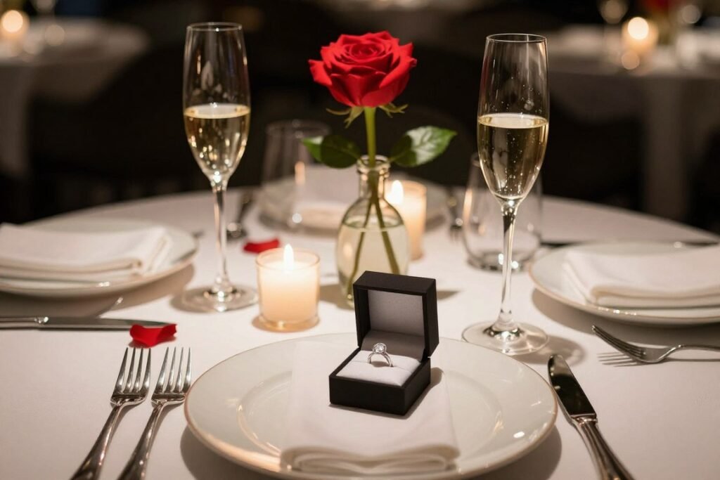 Elegant restaurant table setting with ring box