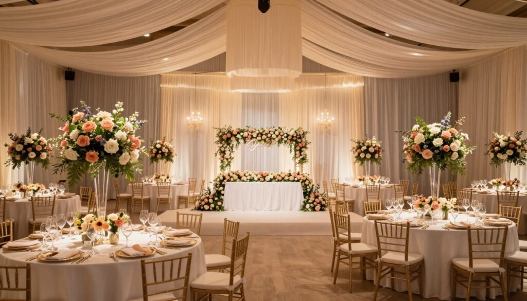 Elegant romantic wedding reception with all decorative elements working in harmony Elegant romantic wedding reception with all decorative elements working in harmony