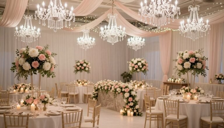 Elegant romantic wedding reception with twinkling lights, floral centerpieces, and soft drapery