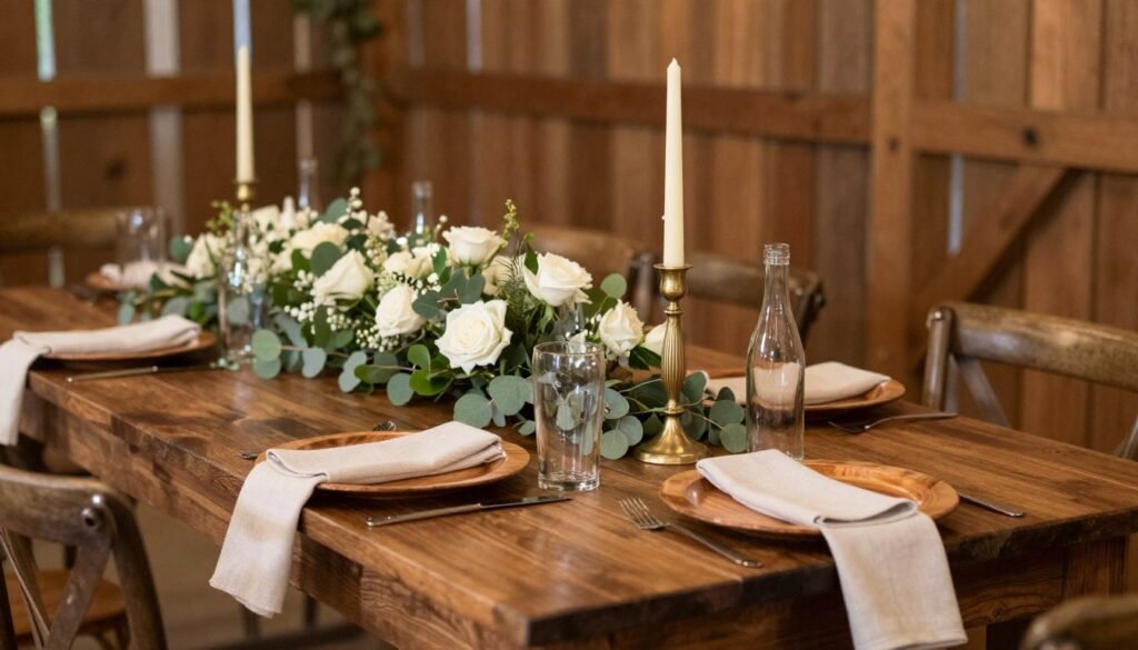 Elegant rustic wedding table with wooden elements, greenery garland, and vintage-inspired details