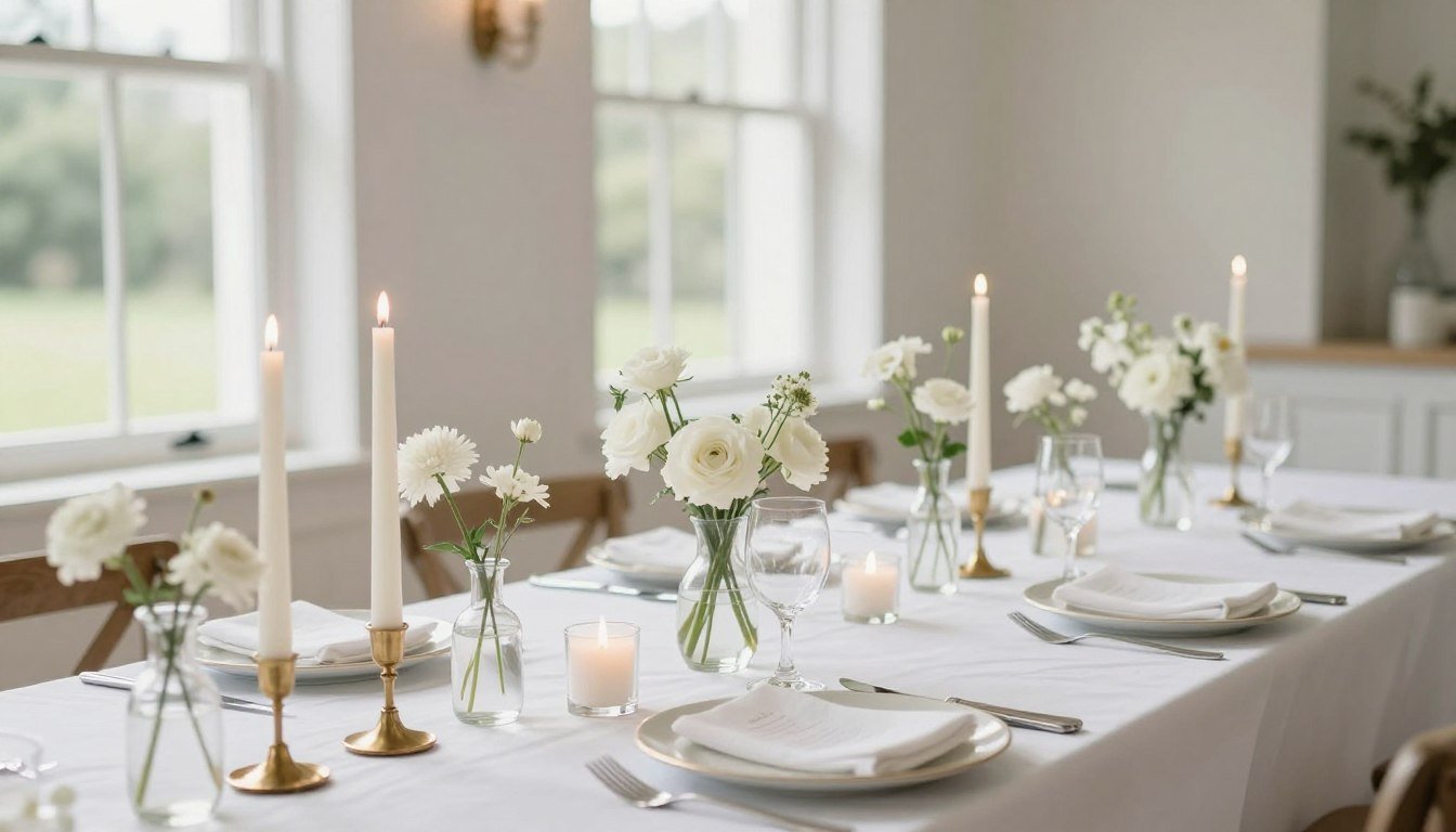 Elegant simple wedding table with white flowers, candles, and minimal decor against a natural backdrop