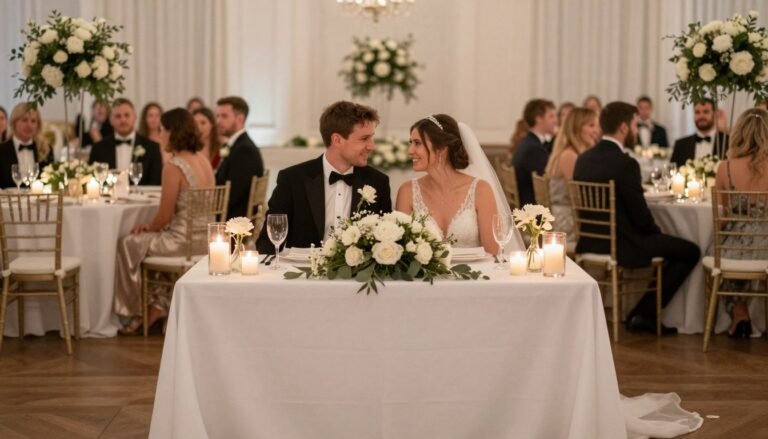 Elegant sweetheart table setup with bride and groom sitting at a beautifully decorated small table facing their wedding guests