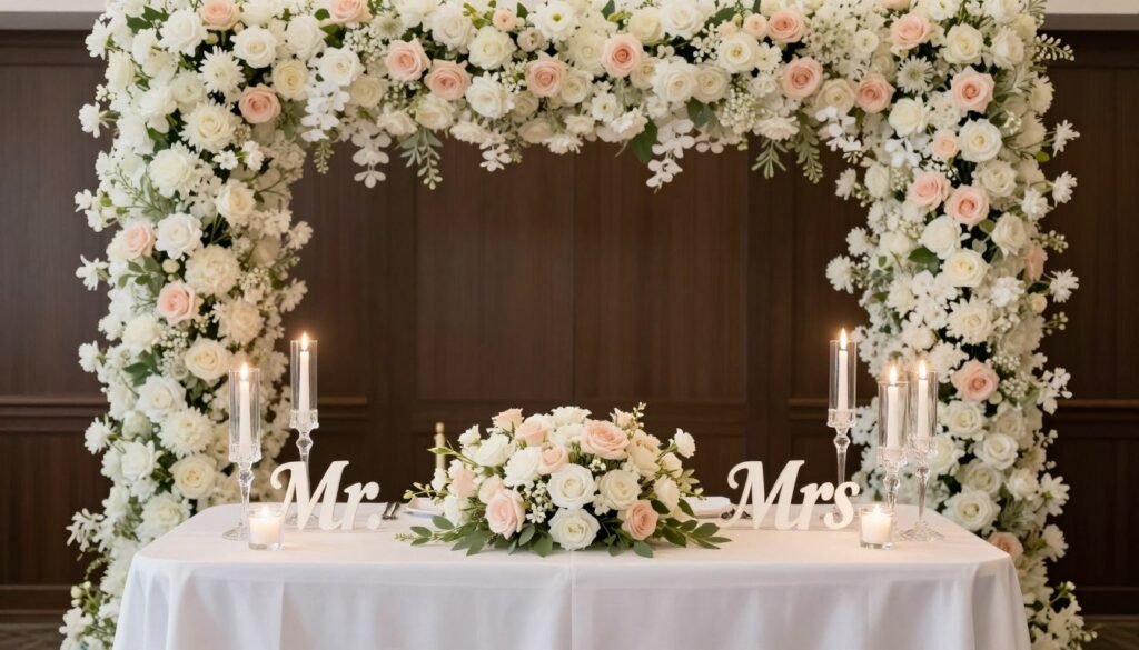 Elegant sweetheart table with lush floral backdrop, candles, and personalized Mr. and Mrs. signs