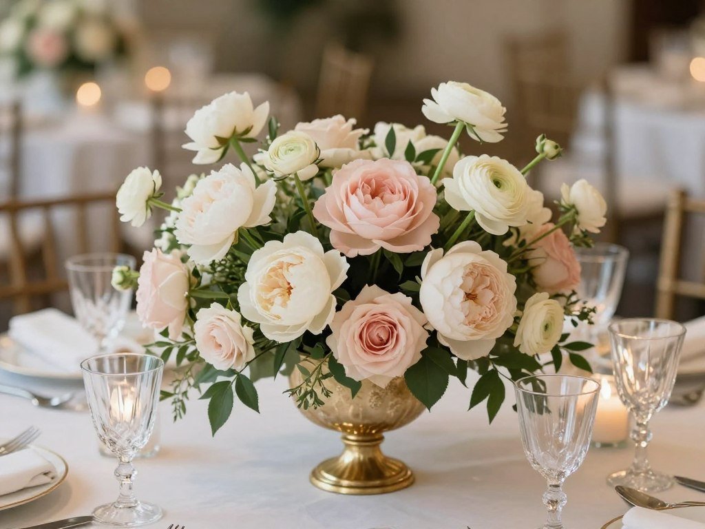 Elegant table centerpiece with roses and peonies in blush and cream tones Elegant table centerpiece with roses and peonies in blush and cream tones