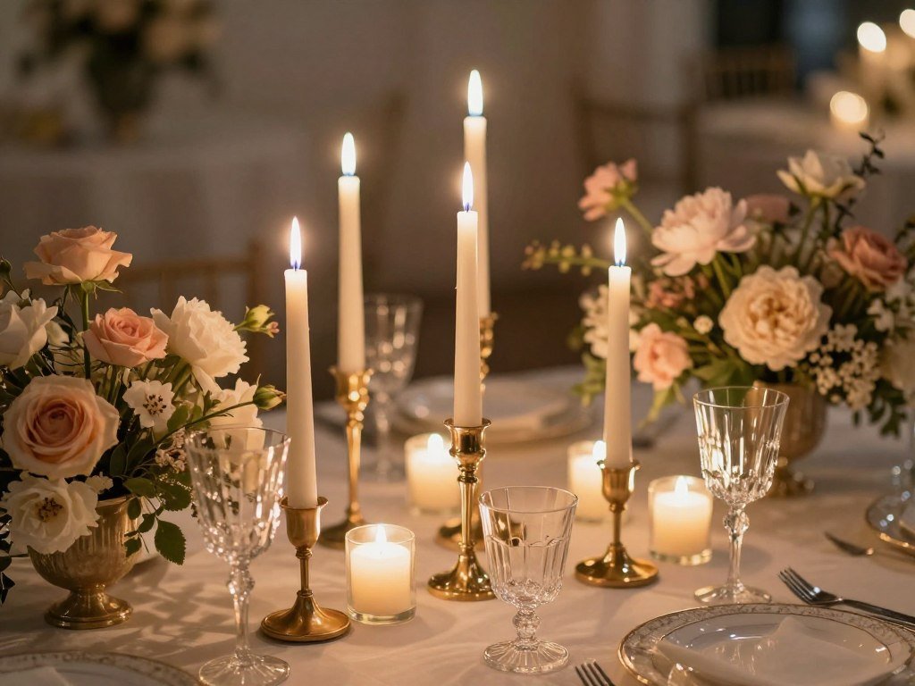 Elegant table setting with multiple candles in crystal holders creating romantic lighting Elegant table setting with multiple candles in crystal holders creating romantic lighting