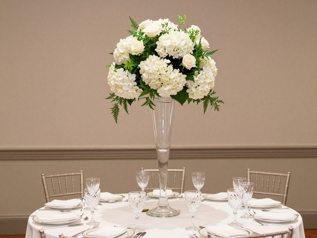 Elegant tall centerpiece with white flowers on a round wedding table
