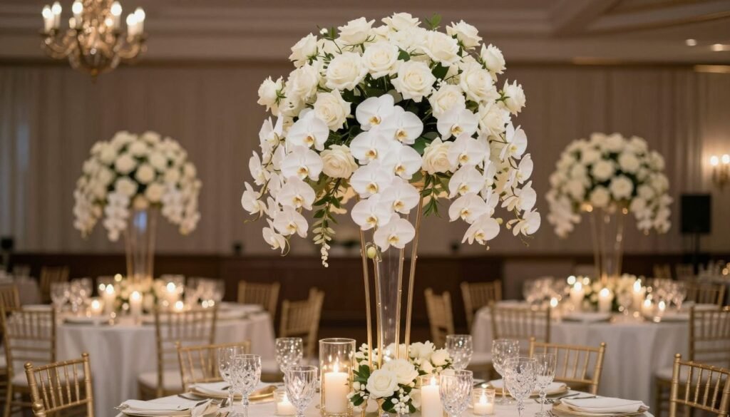 Elegant tall wedding centerpiece with cascading flowers and candles