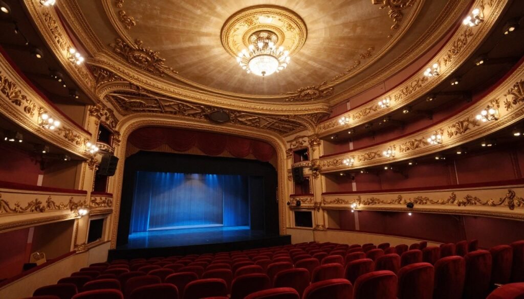 Elegant theater interior with stage and dramatic lighting before performance
