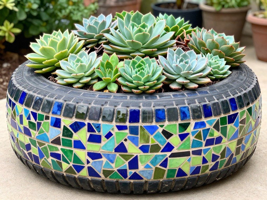 Elegant tire planter decorated with colorful mosaic tile pattern and filled with succulents