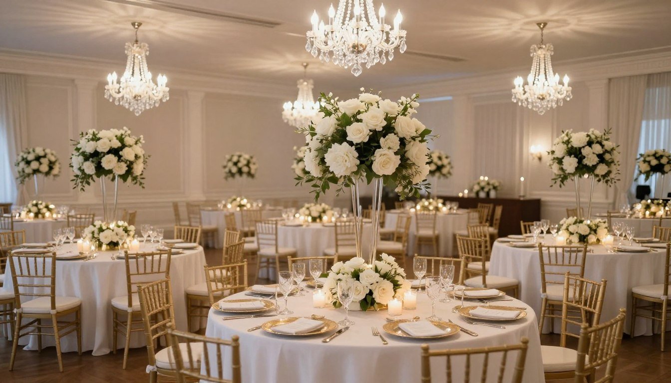 Elegant traditional wedding reception with white floral centerpieces, crystal chandeliers, and classic table settings