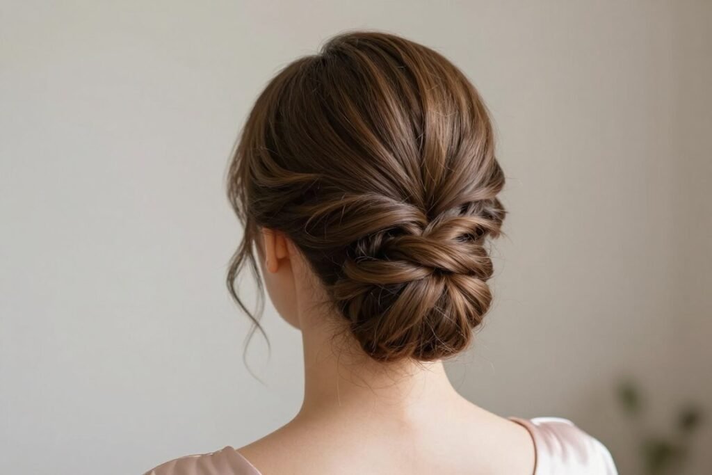 Elegant twisted low updo bridesmaid hairstyle for sophisticated wedding