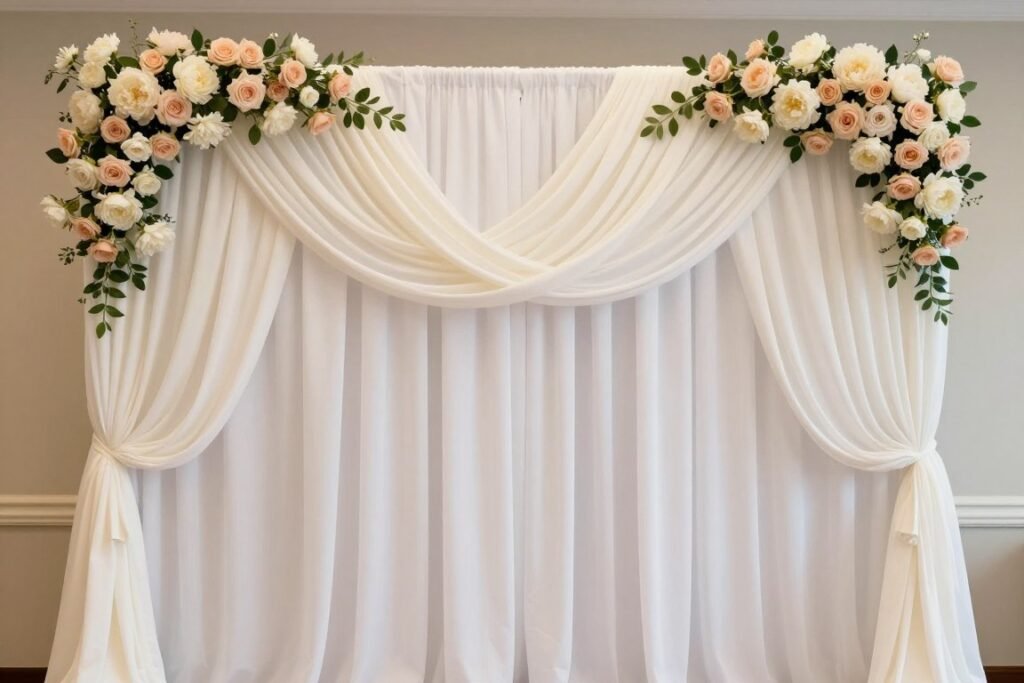 Elegant wall drapery transformation for wedding ceremony backdrop Elegant wall drapery transformation for wedding ceremony backdrop
