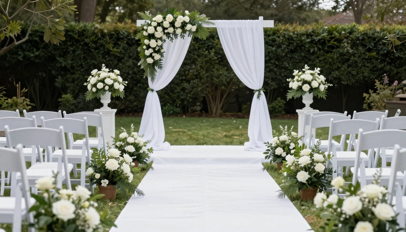 Elegant wedding aisle decorated with white flowers and greenery for an outdoor ceremony