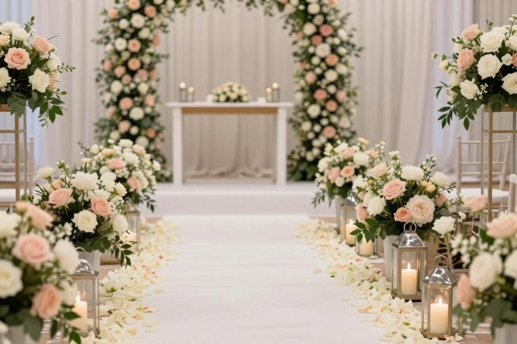 Elegant wedding aisle with floral arrangements and candle lanterns Elegant wedding aisle with floral arrangements and candle lanterns