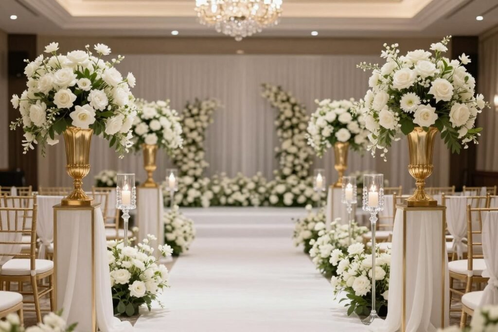 Elegant wedding aisle with white floral arrangements on pedestals and draped fabric