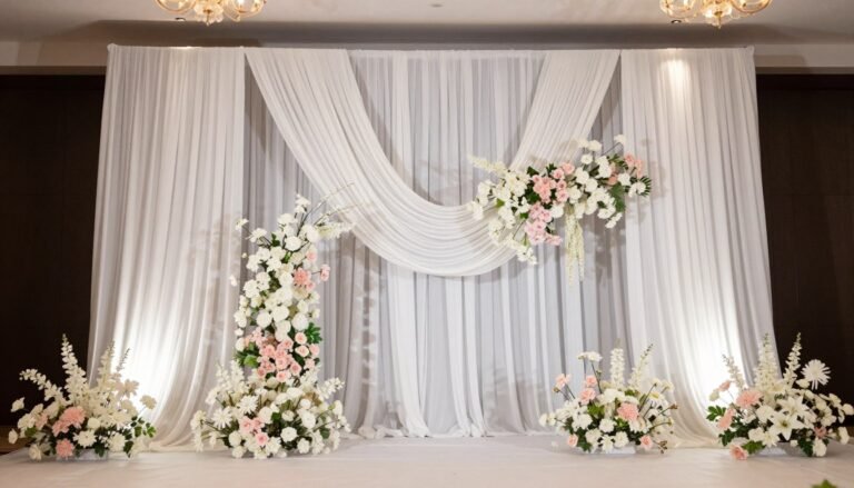 Elegant wedding backdrop decoration with white fabric and floral arrangements