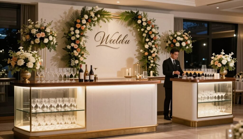 Elegant wedding bar setup with floral decorations and signage
