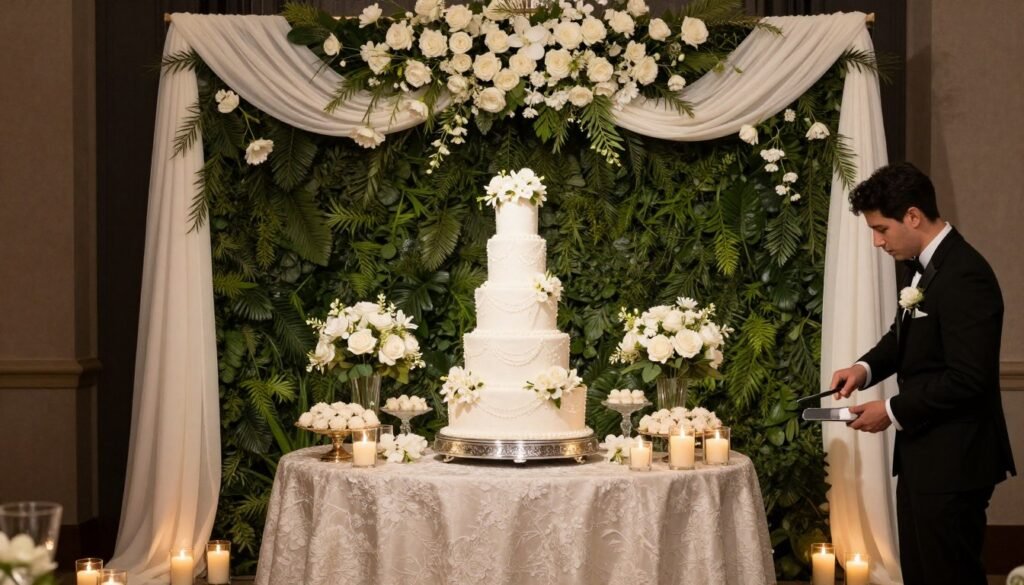 Elegant wedding cake display with floral backdrop and romantic lighting