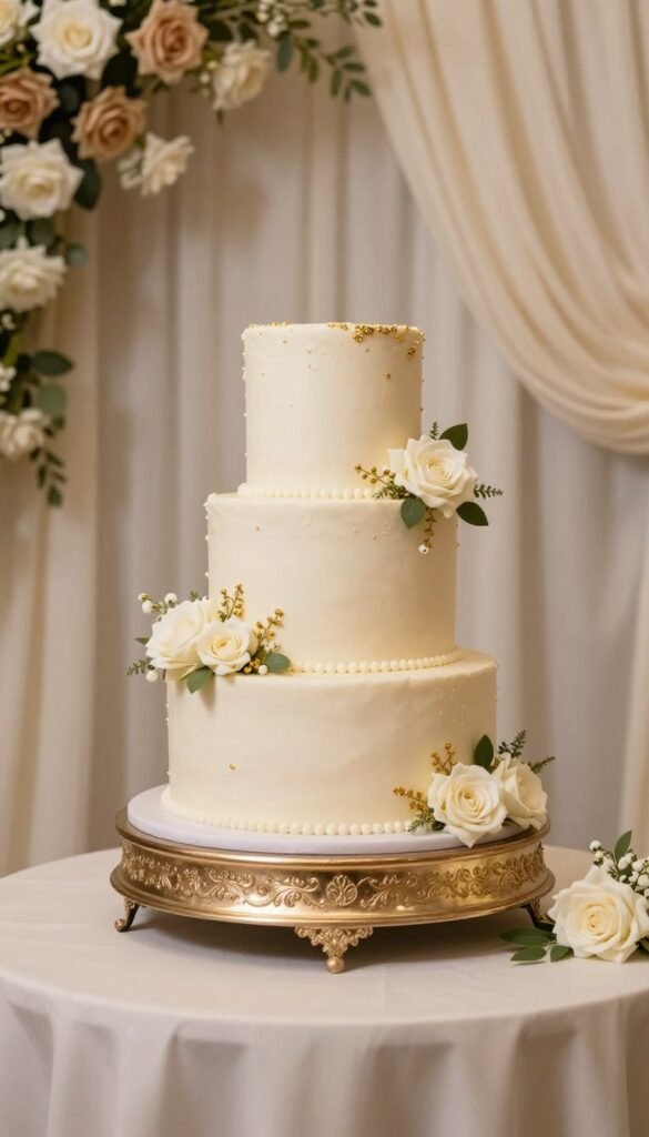 Elegant wedding cake on decorated display table