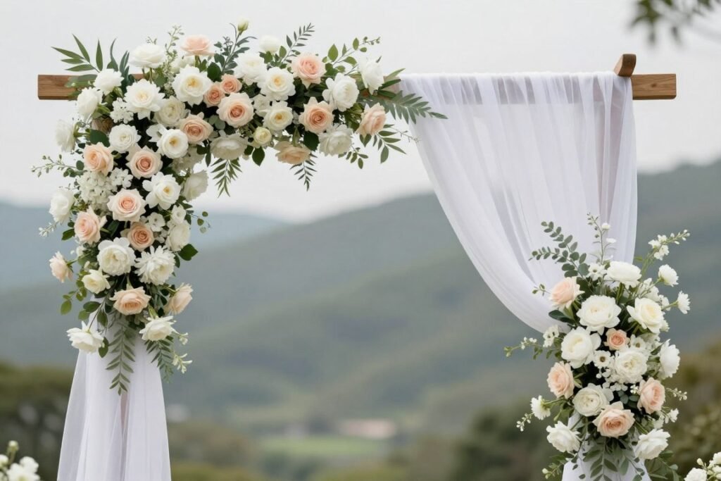 Elegant wedding ceremony arch with lush flowers and flowing fabric Elegant wedding ceremony arch with lush flowers and flowing fabric