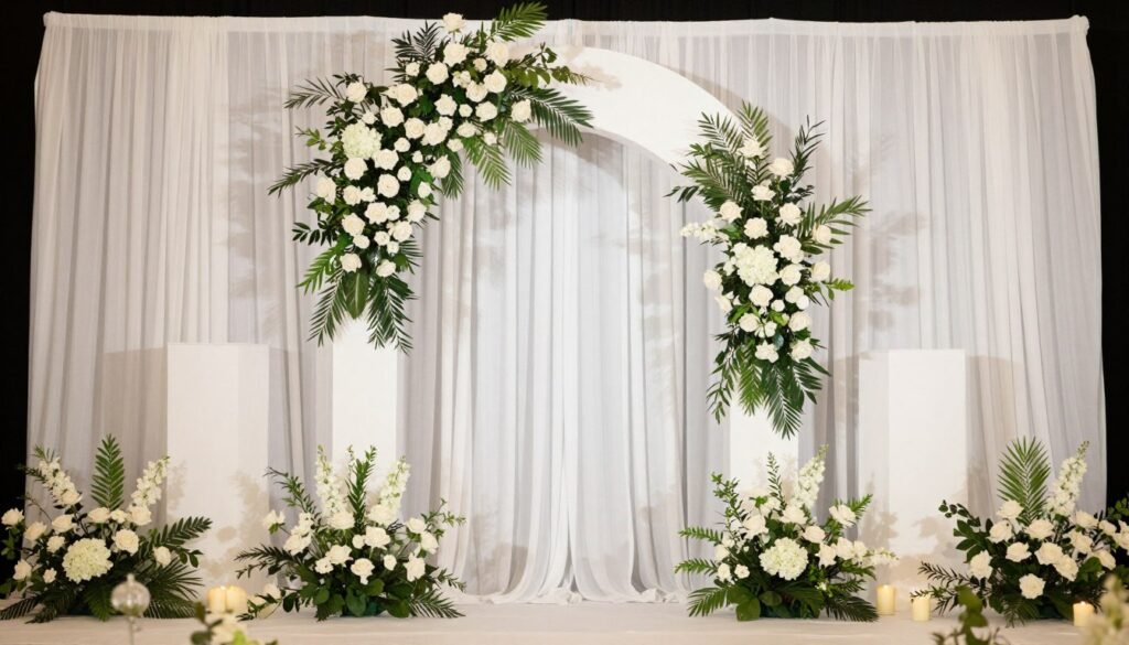 Elegant wedding ceremony backdrop decoration with draped fabric and floral accents