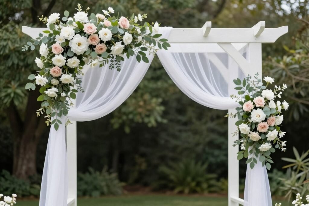 Elegant wedding ceremony backdrop with floral arrangements Elegant wedding ceremony backdrop with floral arrangements