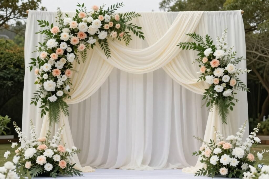 Elegant wedding ceremony backdrop with flowing fabric and floral arrangements Elegant wedding ceremony backdrop with flowing fabric and floral arrangements