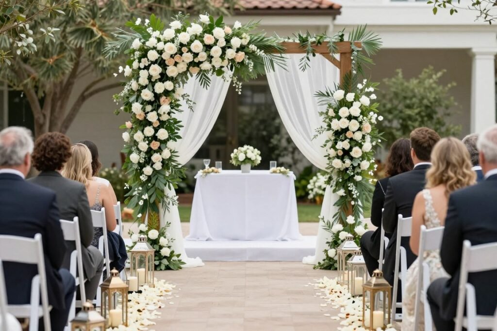 Elegant wedding ceremony setup with floral arch, aisle decorations, and guest seating Elegant wedding ceremony setup with floral arch, aisle decorations, and guest seating