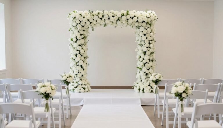 Elegant wedding ceremony setup with floral arch, white chairs, and aisle decorations