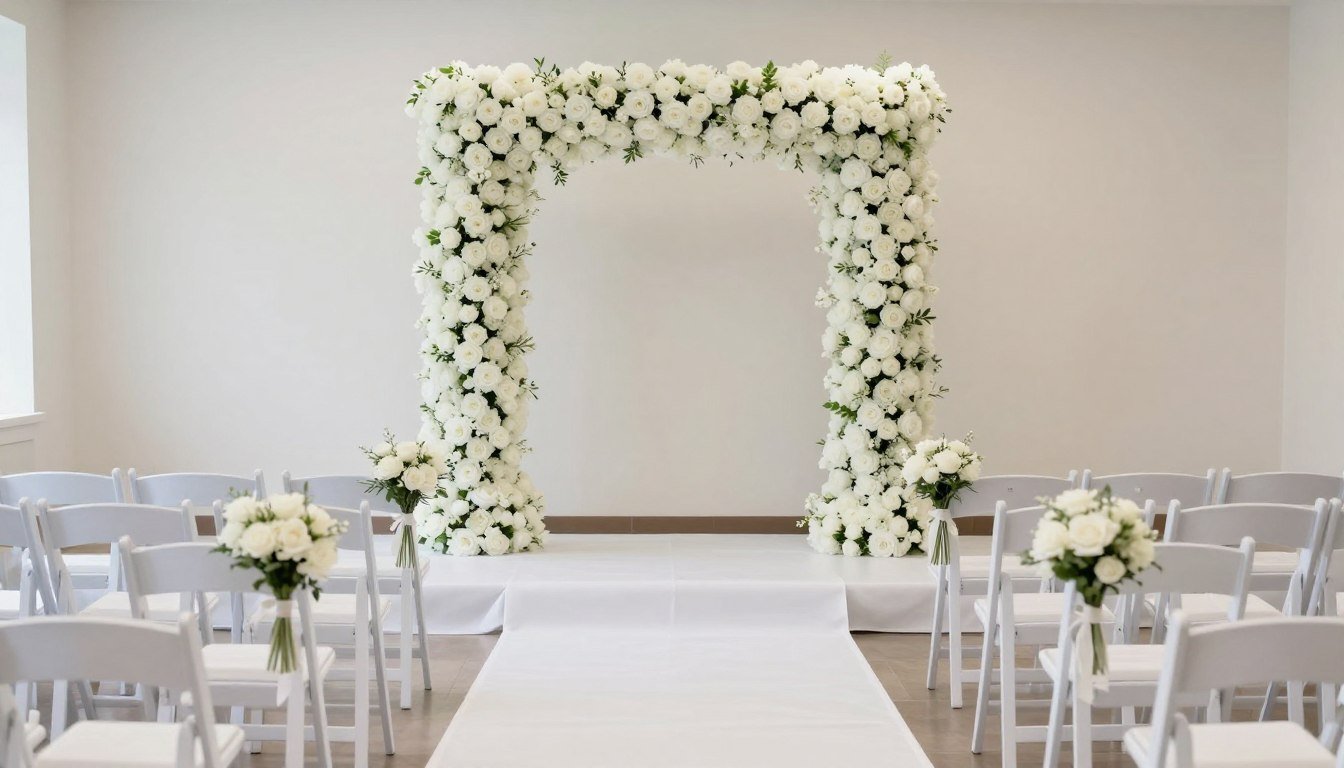 Elegant wedding ceremony setup with floral arch, white chairs, and aisle decorations